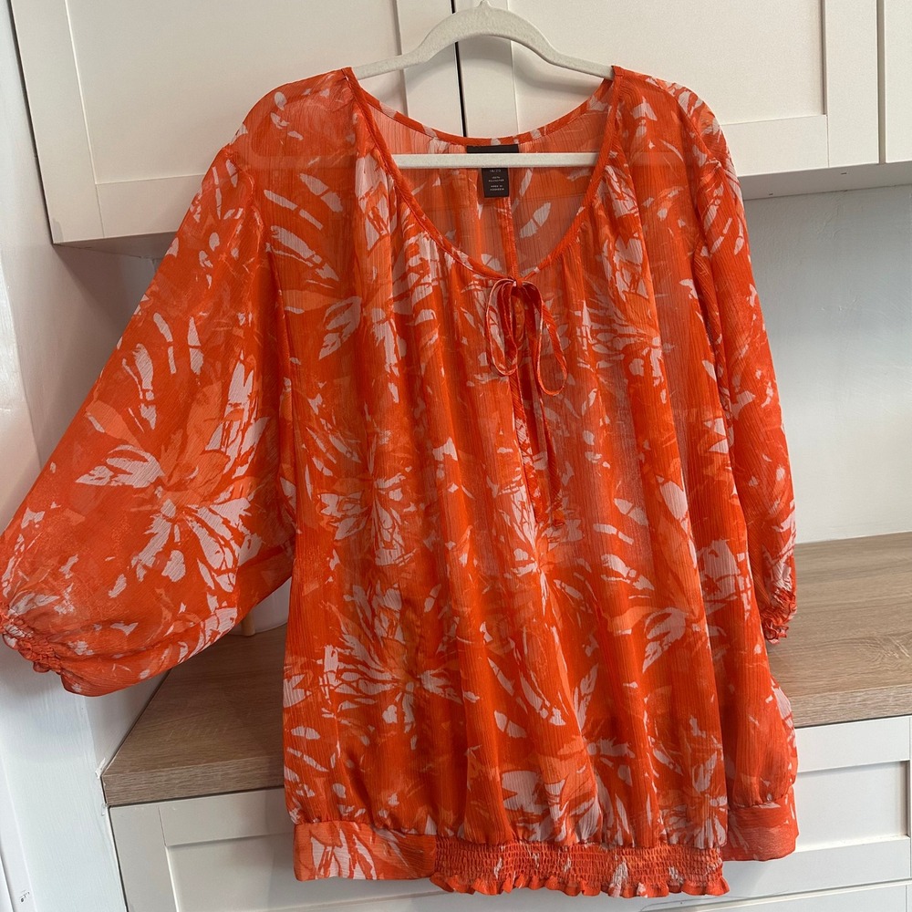Lane Bryant Sheer Orange Peasant Blouse Floral‎ Size 18/20 Tropical Smocked Boho